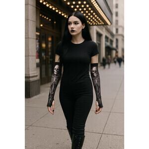 Skeleton Root Halloween Gothic Sleeves O/S Unisex Blk White Motif Thumbhole NWT